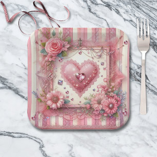 Plato De Papel Corazón floral vintage victoriano del día de San V