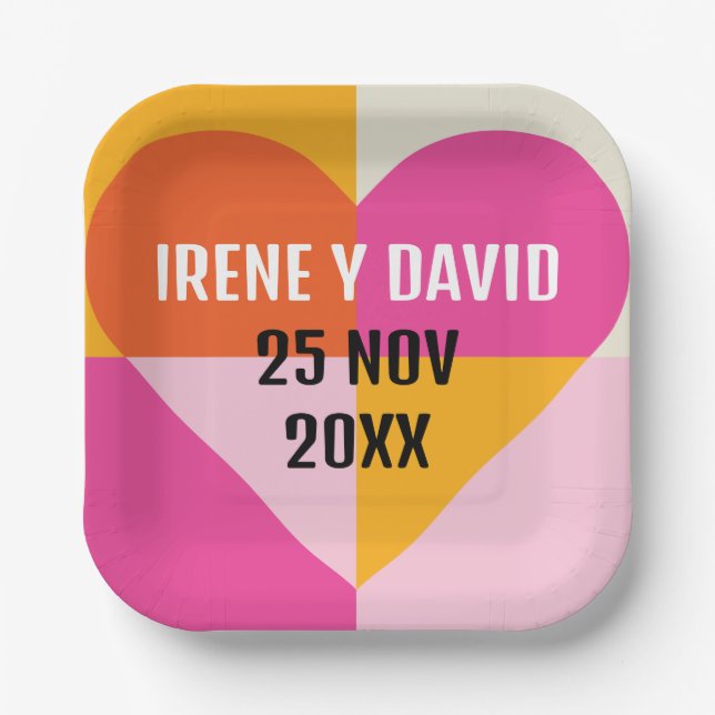 Plato De Papel Corazón Geométrico Cuadrícula Naranja y Rosa (Anverso)
