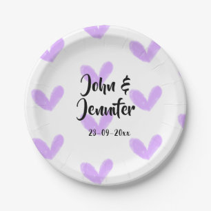 Plato De Papel corazón morado acuarela san valentín pareja nombre
