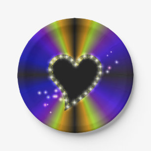 Plato De Papel Corazón negro con estrellas en arcoiris amarillo p