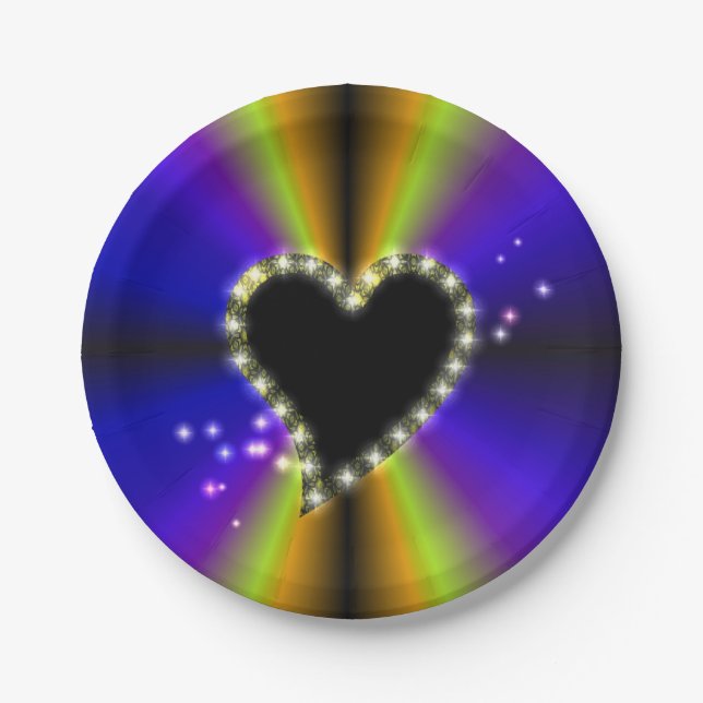 Plato De Papel Corazón negro con estrellas en arcoiris amarillo p (Anverso)