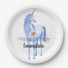 Plato De Papel Corazón Purpurina dorado morado unicornio personal