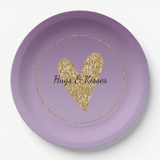 Plato De Papel Corazón Purpurina Ombre Púrpura (Anverso)