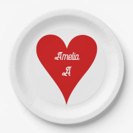 Plato De Papel Corazón Rojo Amor Día de San Valentín Nombre y Mon