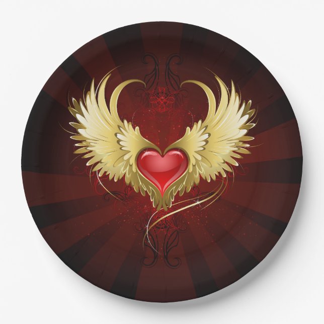 Plato De Papel Corazón Rojo con Alas Doradas (Anverso)