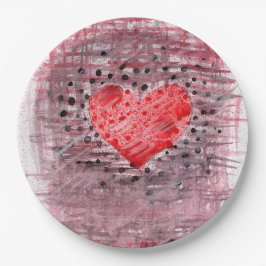 Plato De Papel Corazón Rojo Texturizado Acuarela de Medios Mixtos