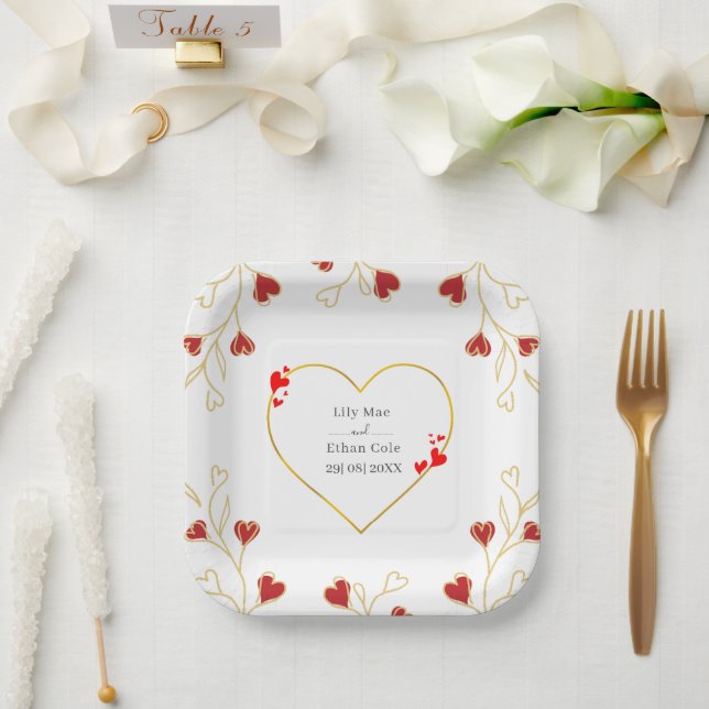 Plato De Papel Corazón Romántico Floral (Boda)