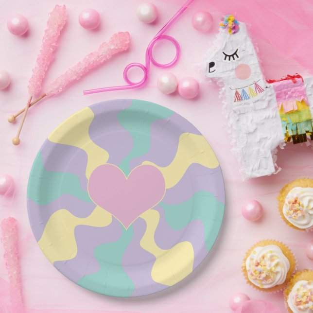 Plato De Papel Corazón - Rosa Pastel, Amarillo, Púrpura y Verde (Fiesta)