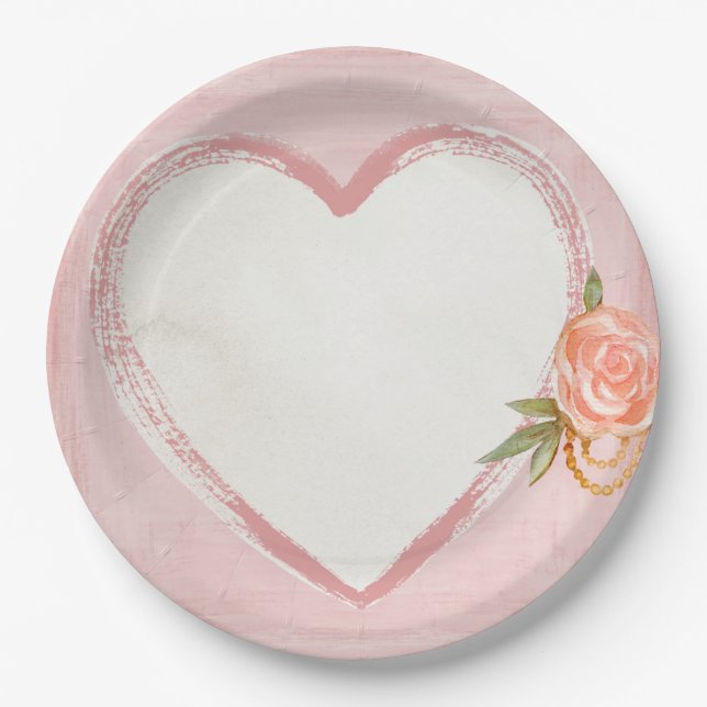 Plato De Papel Corazón rosado de la acuarela y subió (Anverso)
