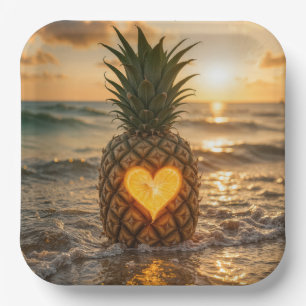 Plato De Papel Corazón tallado en una piña en una playa