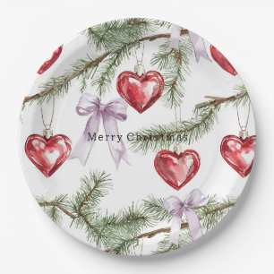Plato De Papel Corazones Árboles Rojo Morado Lazos Navidad
