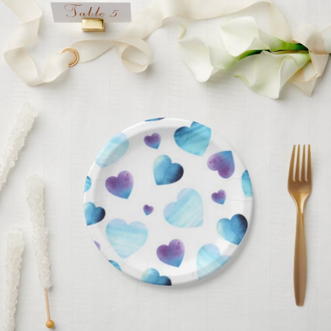 Plato De Papel Corazones Azules (Boda)