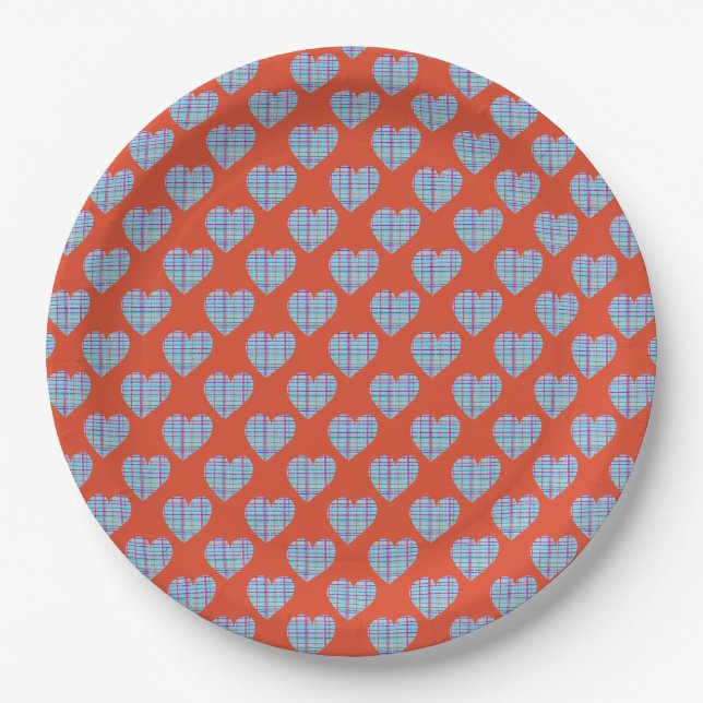 Plato De Papel Corazones azules en rojo (Anverso)