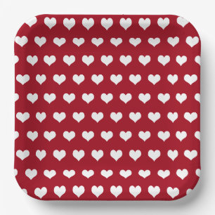 Plato De Papel Corazones Blancos Sobre Rojo