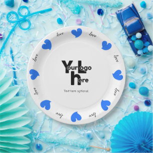 Plato De Papel Corazones Cálidos Azules - Texto y Logo Personaliz