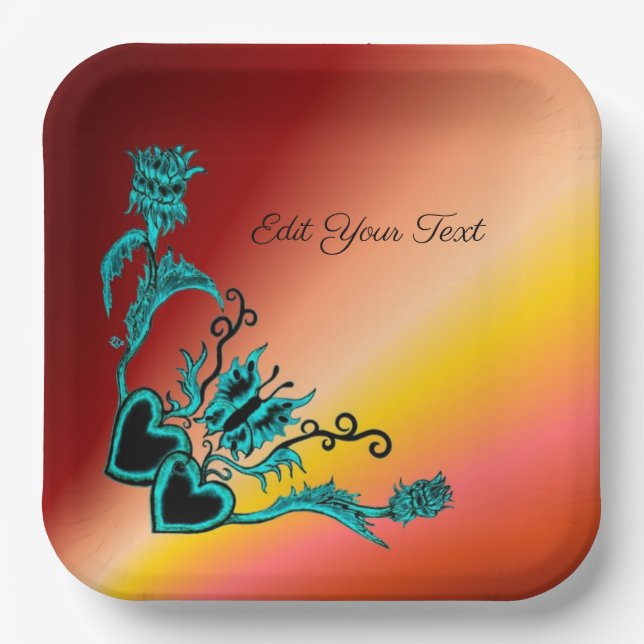 Plato De Papel Corazones con flores y mariposa en estilo tatuaje (Anverso)