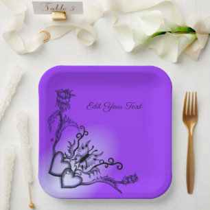 Plato De Papel Corazones con flores y mariposa en estilo tatuaje