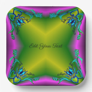 Plato De Papel Corazones con flores y mariposa en estilo tatuaje