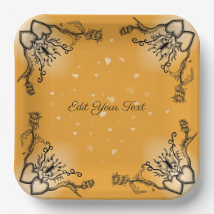 Plato De Papel Corazones con flores y mariposa en estilo tatuaje