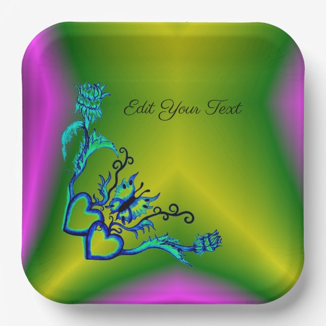 Plato De Papel Corazones con flores y mariposa en estilo tatuaje (Anverso)