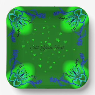 Plato De Papel Corazones con flores y mariposa en estilo tatuaje