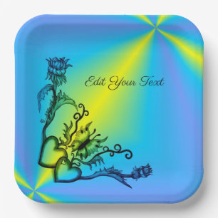 Plato De Papel Corazones con flores y mariposa en estilo tatuaje