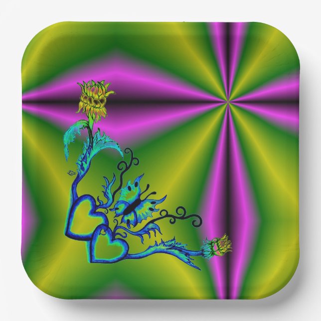 Plato De Papel Corazones con flores y mariposa en estilo tatuaje (Anverso)