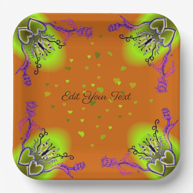 Plato De Papel Corazones con flores y mariposa en estilo tatuaje (Anverso)