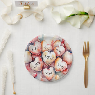 Plato De Papel Corazones de acuarela Te Amo Decoración para la Fi