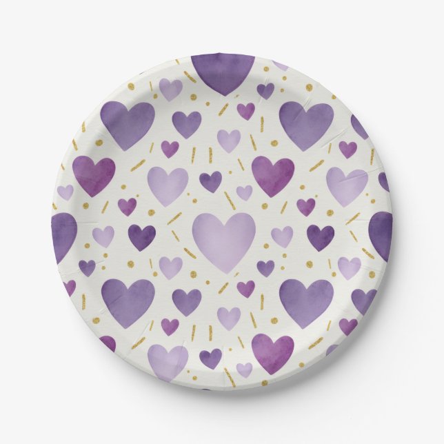 Plato De Papel Corazones de Acuarela y Sprinkles Dorados Capricho (Anverso)