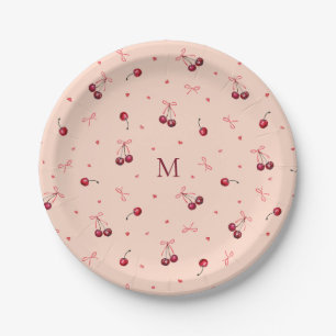 Plato De Papel Corazones de cerezas rojas rosadas lindas con mono