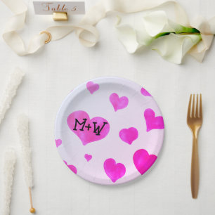 Plato De Papel Corazones de color rosa Personalizado Doble nombre