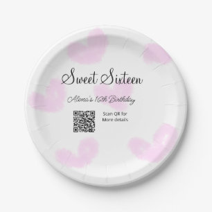 Plato De Papel Corazones de color rosa QR Dulce cumpleaños