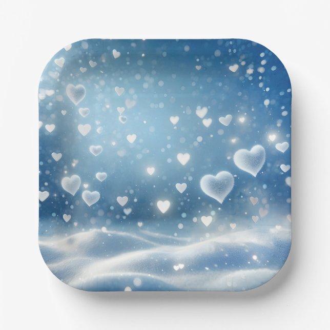 Plato De Papel Corazones de nieve flotantes de Navidad (Anverso)