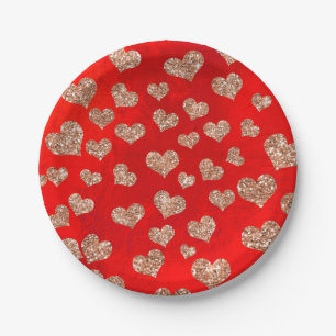 Plato De Papel Corazones de oro rosa con purpurina Confeti Rojo C