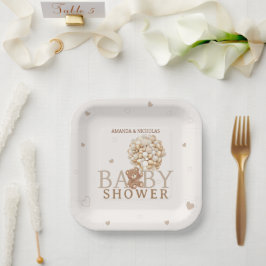 Plato De Papel Corazones de oso lindo Baby Shower beige marrón cl