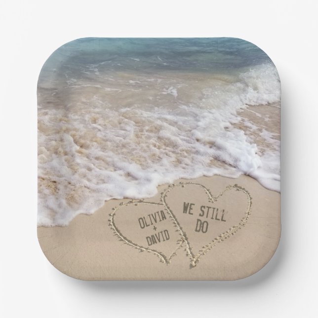 Plato De Papel Corazones de playa boda con nombres (Anverso)