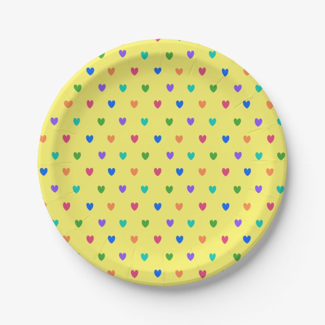 Plato De Papel Corazones de polka arcoiris sobre amarillo (Anverso)