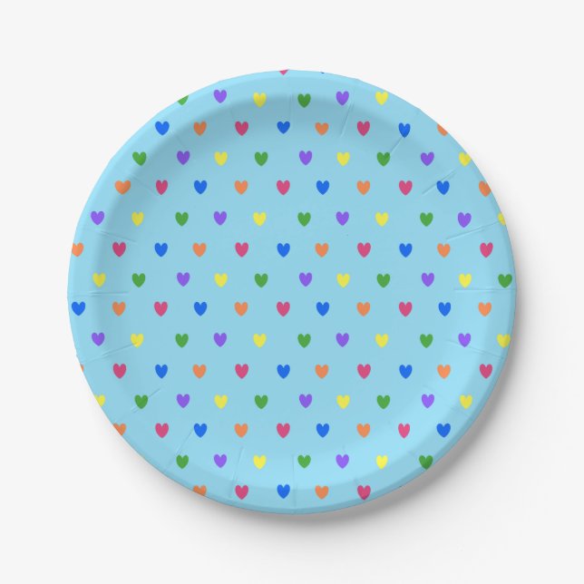 Plato De Papel Corazones de polka arcoiris sobre azul bebé (Anverso)