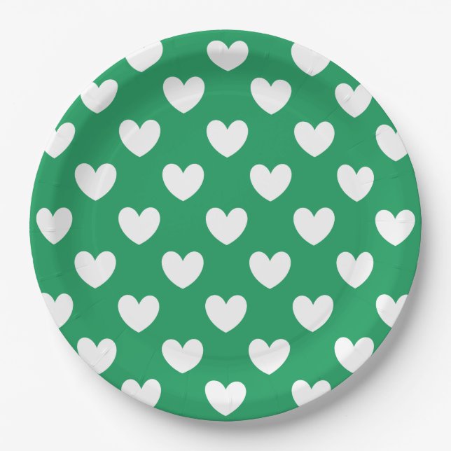 Plato De Papel Corazones de polka blanca en Kelly Green (Anverso)