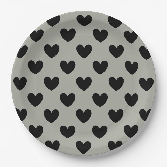 Plato De Papel Corazones de polka negra en Pussysaud Gray (Anverso)