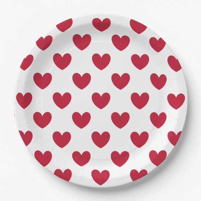 Plato De Papel Corazones de polka roja en blanco (Anverso)