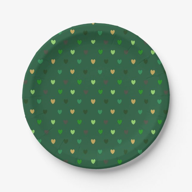 Plato De Papel Corazones de polka sobre el bosque verde (Anverso)