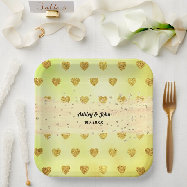 Plato De Papel Corazones de purpurina amarillos para boda cumplea (Boda)