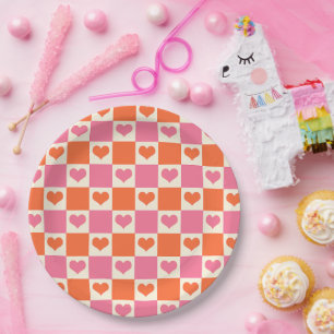 Plato De Papel Corazones de tablero de ajedrez en rosa, Naranja y