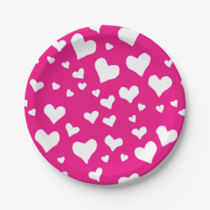 Plato De Papel Corazones de Tiza Blanca sobre Rosa Fucsia