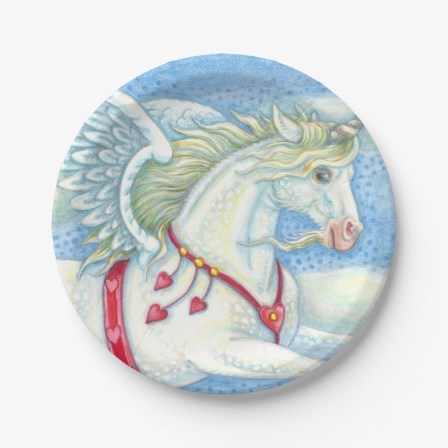 PLATO DE PAPEL CORAZONES DE VUELO UNICORN BLANCO, FANTASY PEGASUS (Anverso)