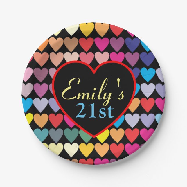 Plato De Papel Corazones del arco iris (Anverso)