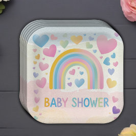 Plato De Papel Corazones divertidos y Baby Shower arcoiris