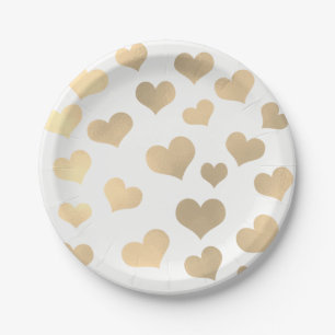 Plato De Papel Corazones dorados metálicos Confetti Delicado blan
